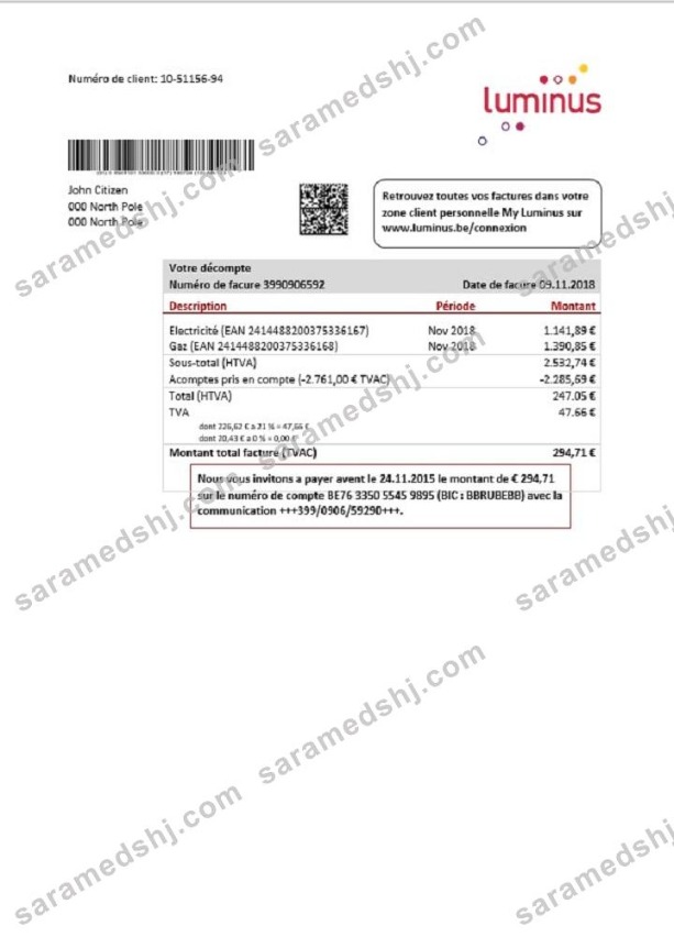 Belgium Luminus utility bill template in Word and PDF format (in .doc and .pdf format)